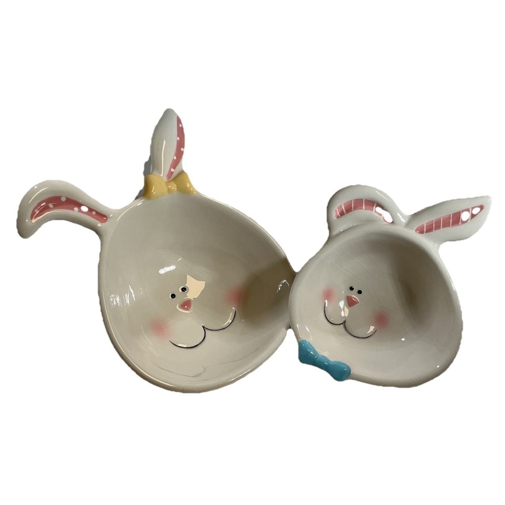 Blossoms & Blooms Ceramic Bunny Bowls Set of 2 Easter Rabbit Nesting White Pink